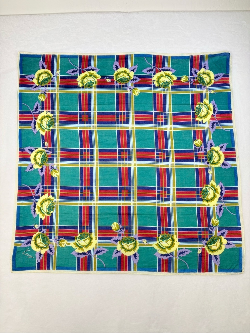 Vintage Kenzo Tokyo Cotton Scarf Plaid Teal Yellow Floral 28” Japan